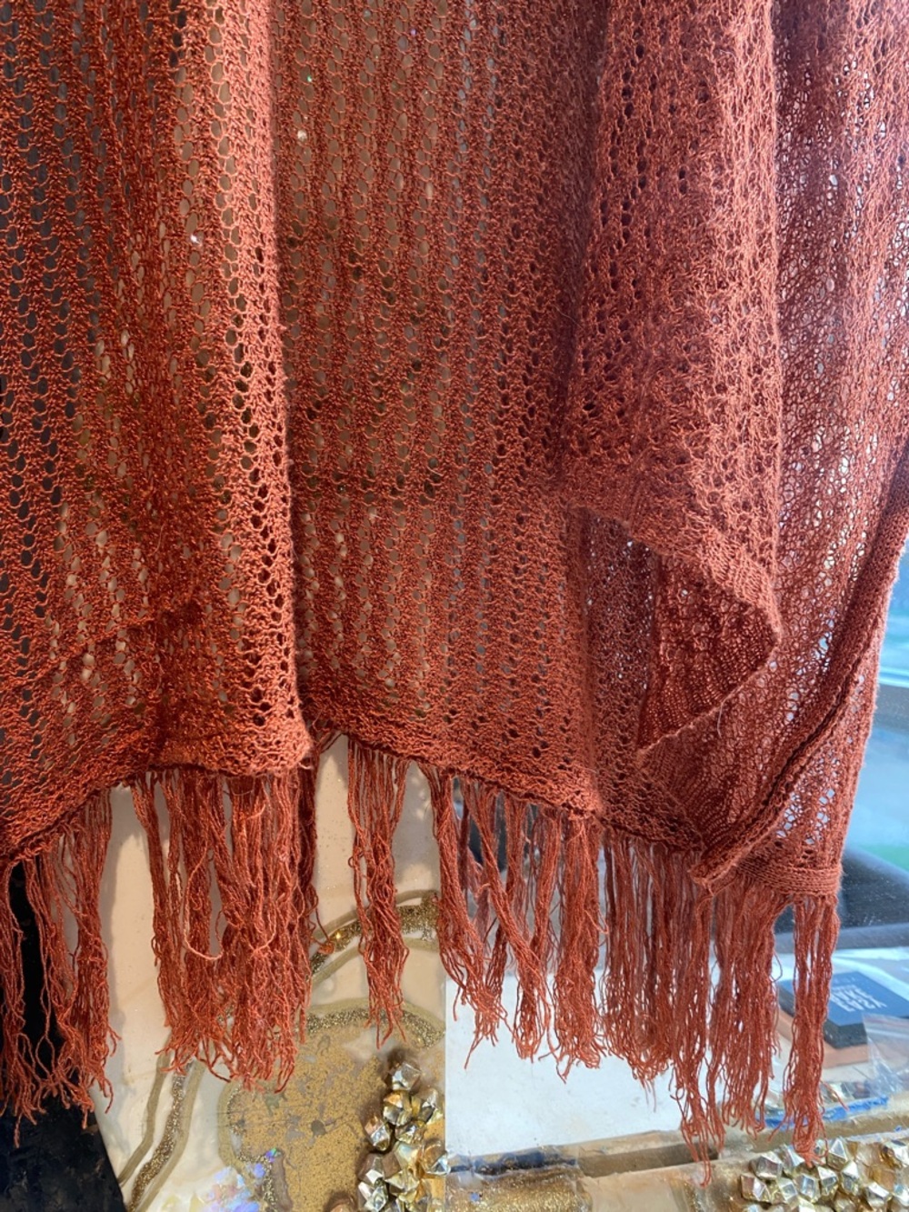 Rust Open-Knit Fringe open front Coverup - Picture 4 of 6